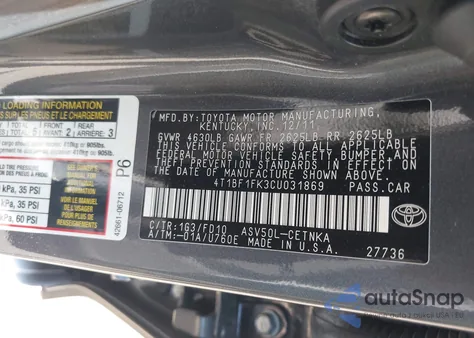 2012 Toyota Camry Le from USA, damaged, VIN 4T1BF1FK3CU031869